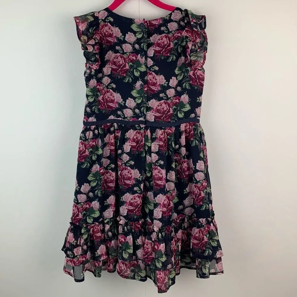 Janie And Jack Girl’s Navy Pink Floral Chiffon Ruffle Dress Size 7